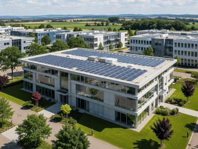 Luftaufnahme eines modernen Firmengebäudes in einem Gewerbegebiet mit einer großflächigen Photovoltaikanlage auf dem Flachdach.