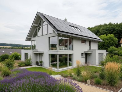 Modernes Einfamilienhaus in deutscher Bauweise mit einer Photovoltaikanlage auf dem Satteldach